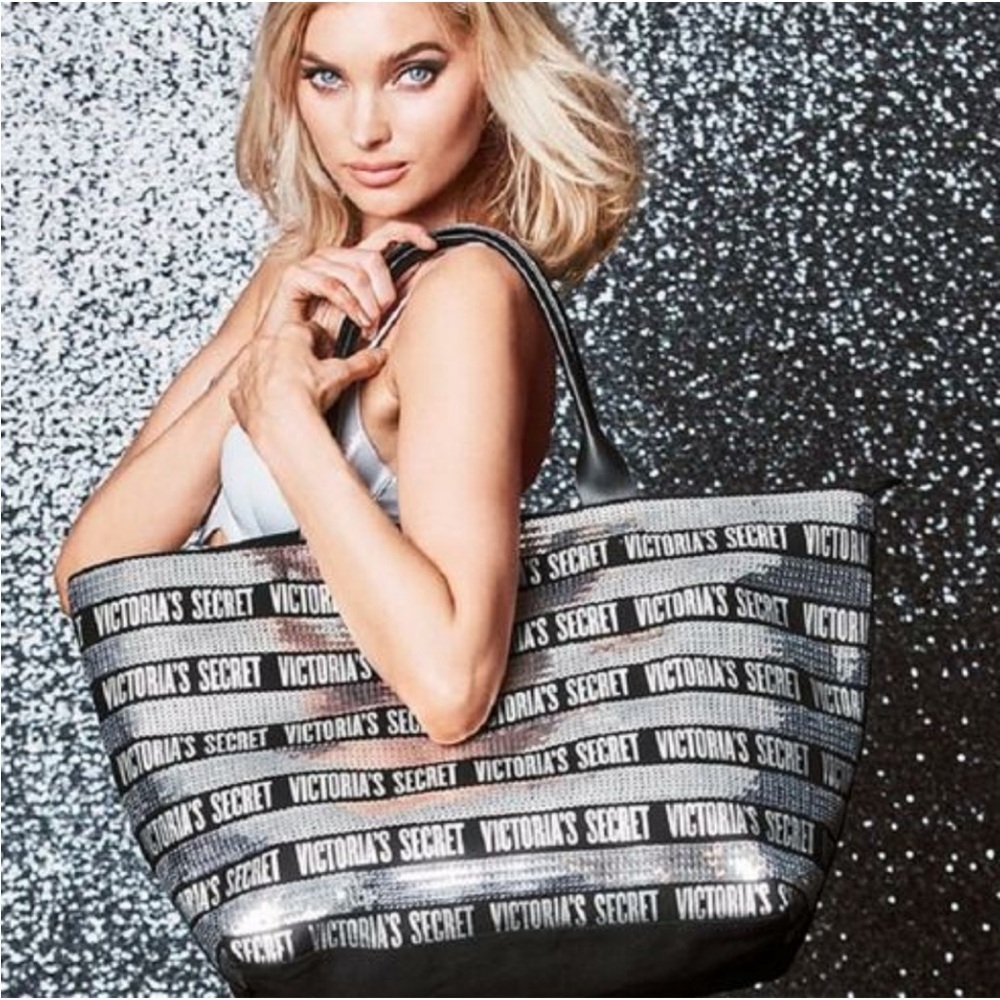 Victoria Secret Black Silver Sequin Tote Weekender Travel Bag